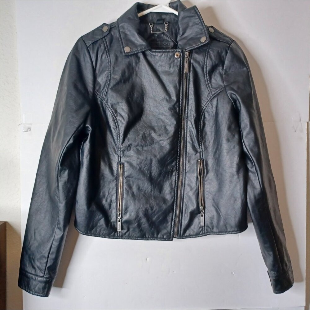 JouJou Women's Large Motorcycle Jacket Black Faux Leather Full Zip - Picture 1 of 8